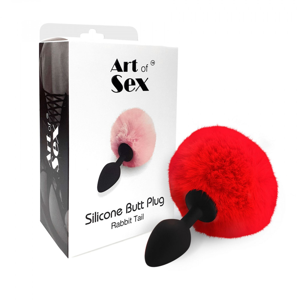 Анальный хвост - Силиконовая анальная пробка М Art of Sex - Silicone Bunny Tails Butt plug Red, диаметр 3,5 см 2