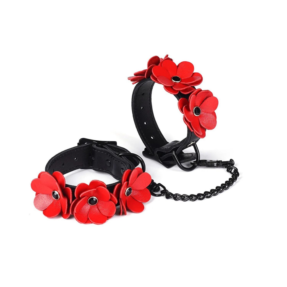 Секс игрушки - Наручники Liebe Seele Flower Rhythm - Black and Red Leather Flowers Hand Cuffs (мятая упаковка!!!)