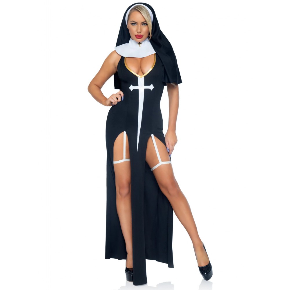 Эротические костюмы - Костюм монашки Leg Avenue, М, Sultry Sinner 3 предмета, черный с белым
