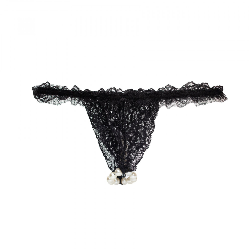Женское эротическое белье - Набор Intt BRAZILIAN PANTY BLACK: трусики на резинке S-XL с жемчужным кольцом + клубничная смазка 1