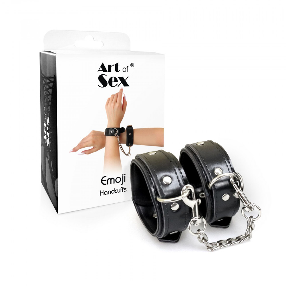 Наручники, веревки, бондажы, поножи - Наручники из экокожи Art of Sex - Handcuffs Emoji, цвет черный 3