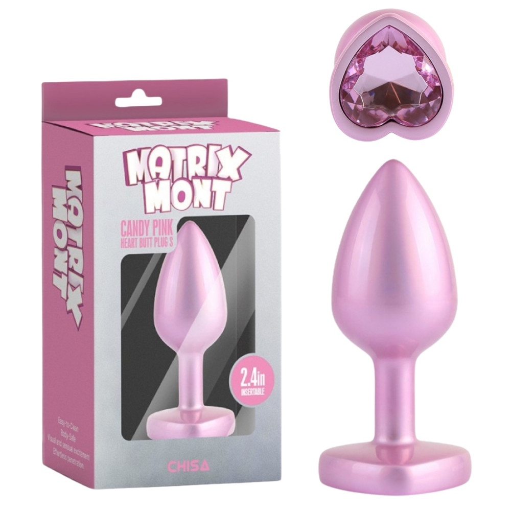 Анальные игрушки без вибрации - Анальная пробка розовая с перламутром CHISA MATRIX MONT и розовым камнем в форме сердца, размер S
