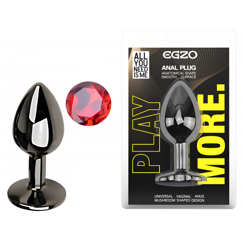 Анальные игрушки без вибрации - Анальная пробка с кристаллом EGZO - Dark Gray Round Plug Red, size S