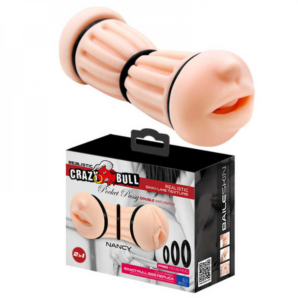  - Мастурбатор двосторонній рот і вагіна Crazy Bull, реалістичний, з кільцями, 17.5 см 3