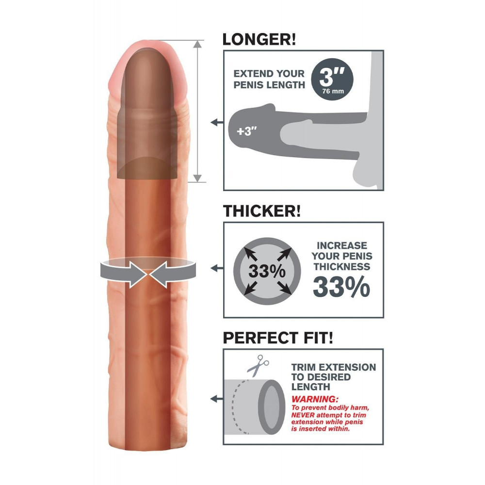 Эрекционные кольца без вибрации - Насадка на член удлиняющая +7.6 см Pipedream X-Tensions телесная, 22.8 х 4.4 см 3