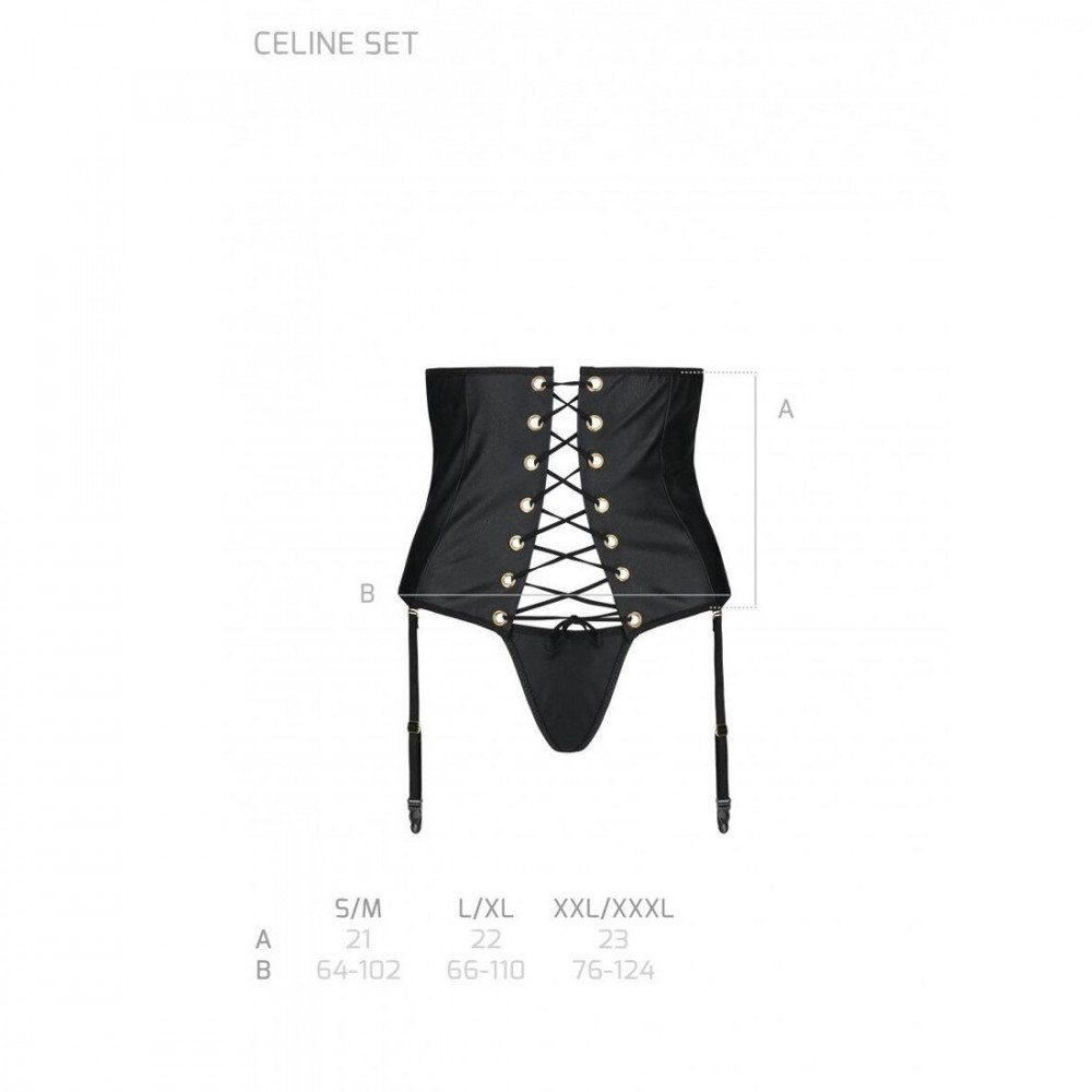 Эротические пеньюары и сорочки - Пояс-корсет из экокожи Celine Set black L/XL — Passion: шнуровка, съемные пажи для чулок, стринги 1