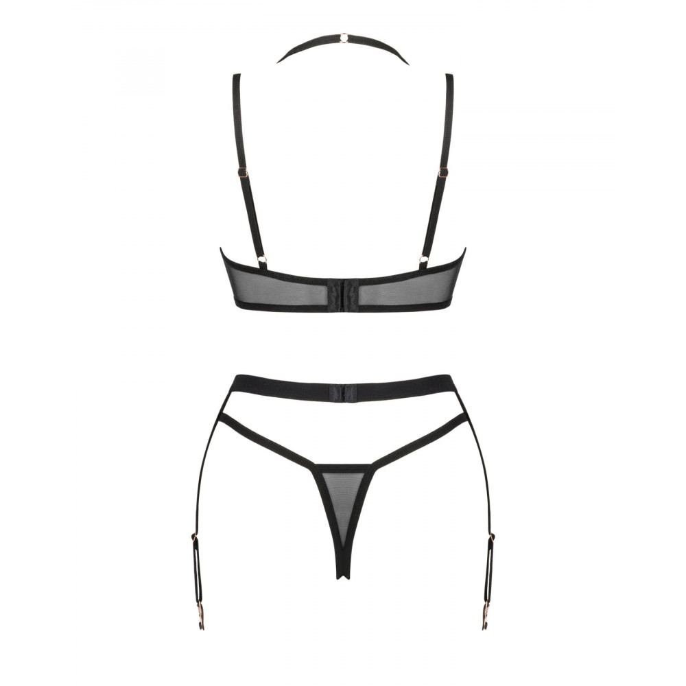 Эротические комплекты - Комплект белья Obsessive Selinne 3-pcs set XS/S Black, бюстгальтер, стринги пояс для чулок 4