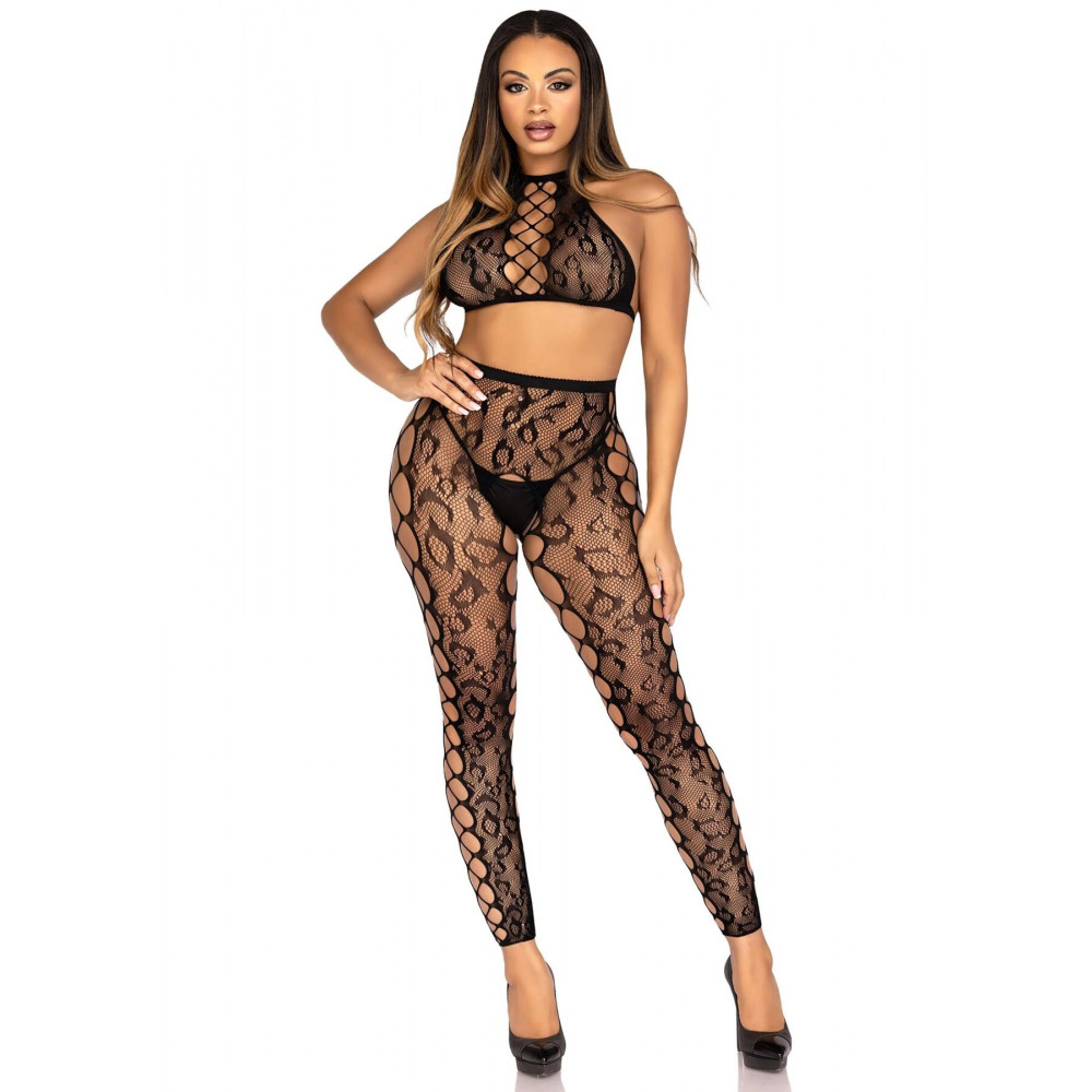 Еротичні комплекти - Комплект Leg Avenue Crop Top & Crotchless Tights One Size Black 3