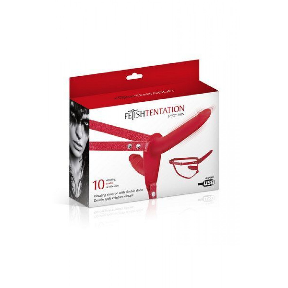 Секс игрушки - Двойной страпон с вибрацией Fetish Tentation Vibrating Strap-On Red (мятая упаковка!!!) 3