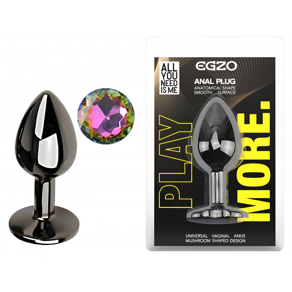 Анальные игрушки без вибрации - Анальная пробка с кристаллом EGZO - Dark Gray Round Plug Rainbow, size S
