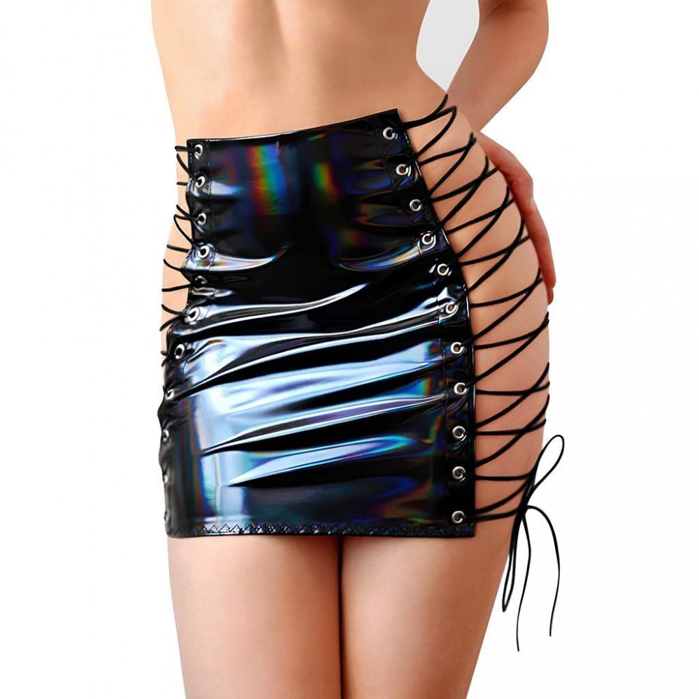  - Лакована спідниця на шнурівці Art of Sex - Molly, колір чорний з ефектом голограми, XS-M