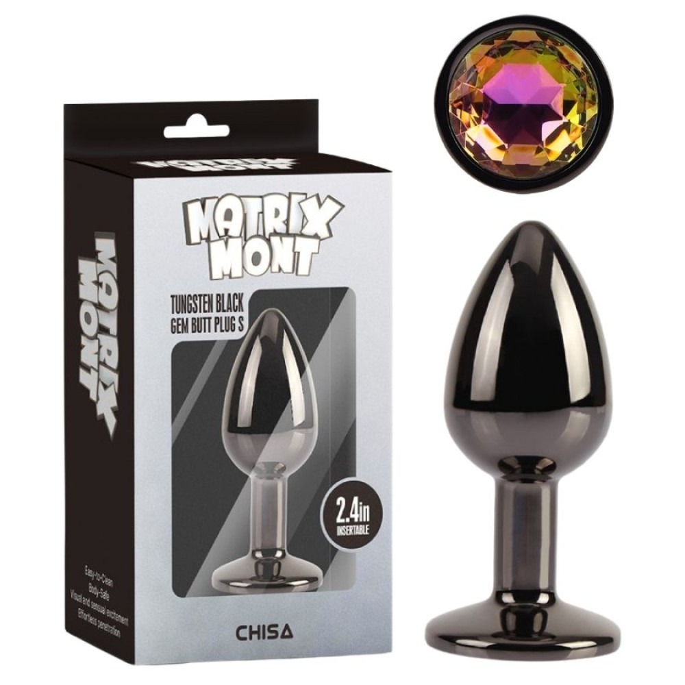 Анальные игрушки без вибрации - Анальная пробка чёрная CHISA MATRIX MONT с разноцветным камнем, размер S