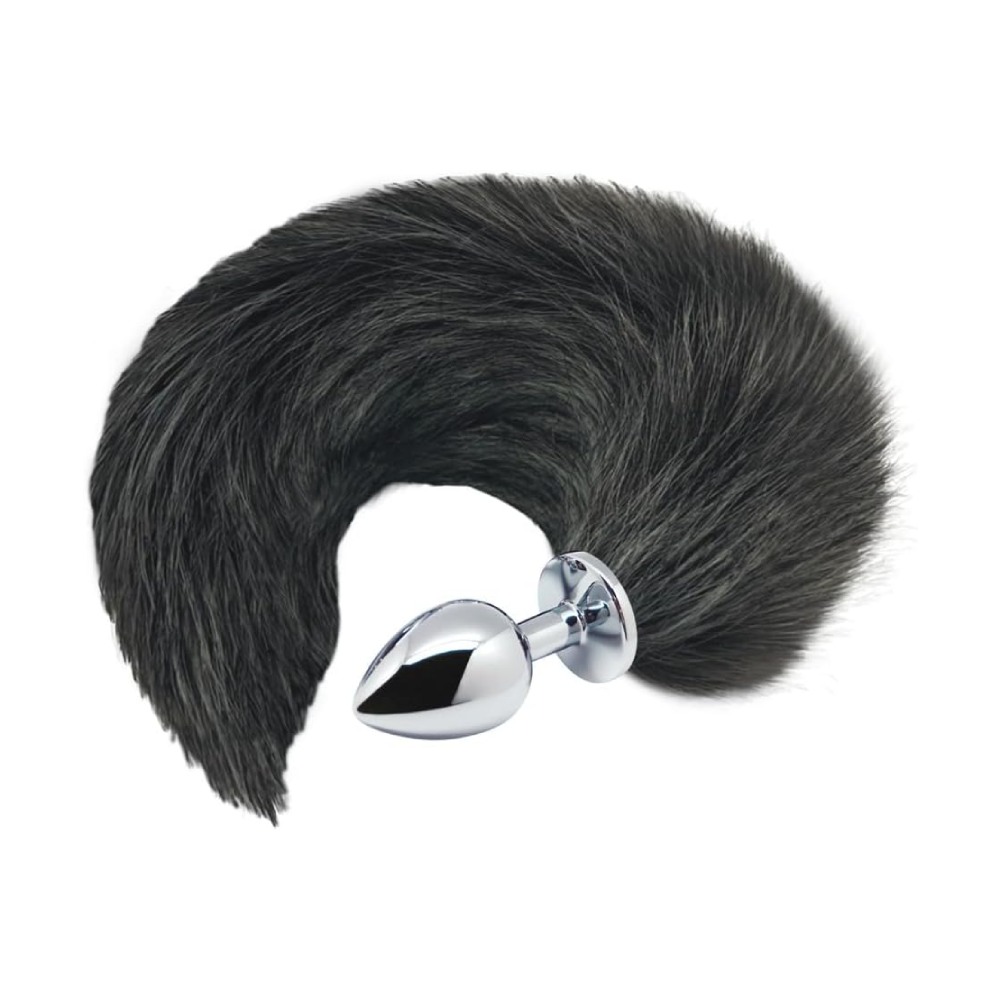Анальные игрушки без вибрации - Анальная пробка лисий хвост Alive, L, черный, серебристая, 9 х 4,1 см