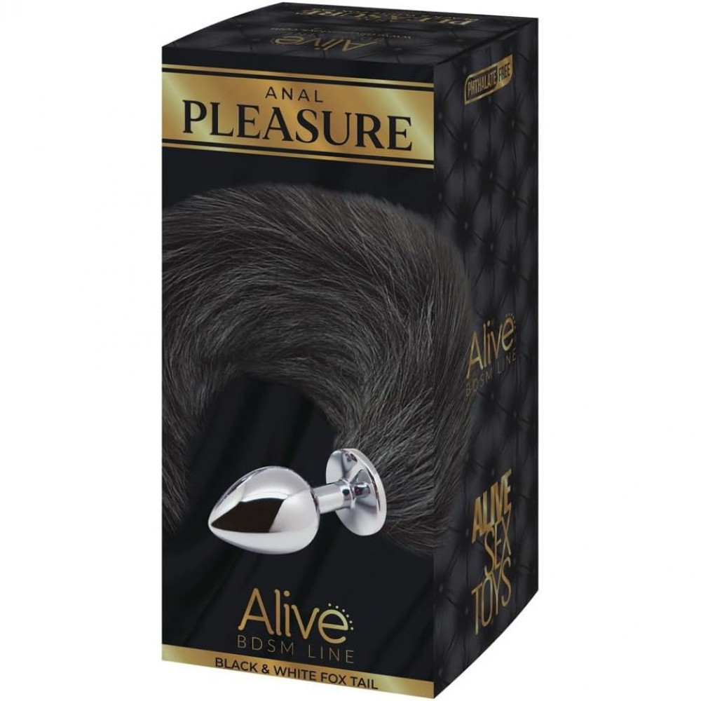 Анальные игрушки без вибрации - Анальная пробка лисий хвост Alive, L, черный, серебристая, 9 х 4,1 см 1