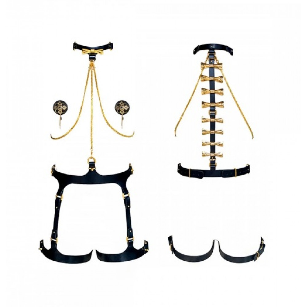 Різне - Набір БДСМ із збруї та пестисів Butterfly UPKO, італійська шкіра, позолота 24К 5