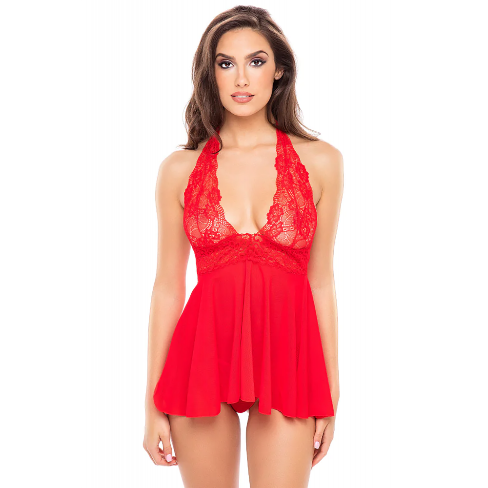 Эротическое белье - ПЕНЬЮАР 2PC LACE & MESH HALTER BABYDOLL & G-STRING SET RED, S 2