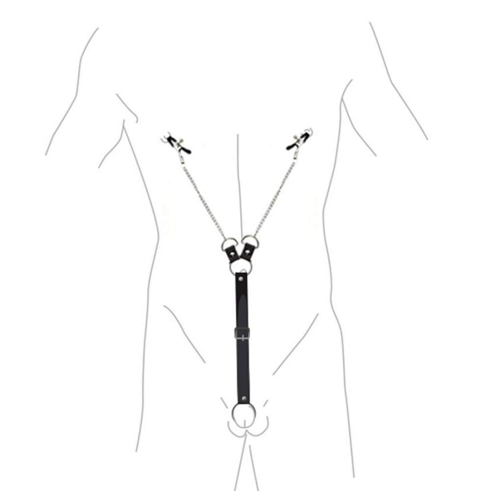 Интимные украшения - Зажимы для сосков с фиксацией на мошонке Nipple Clamps for Men, Эко кожа 1