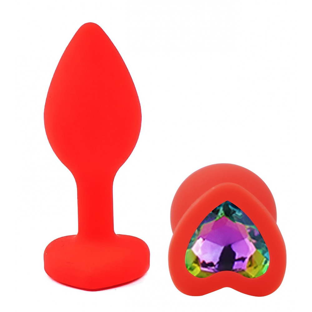 Анальные игрушки без вибрации - Силиконовая анальная пробка EGZO - Silicone Red Heart Plug Rainbow, size S 3
