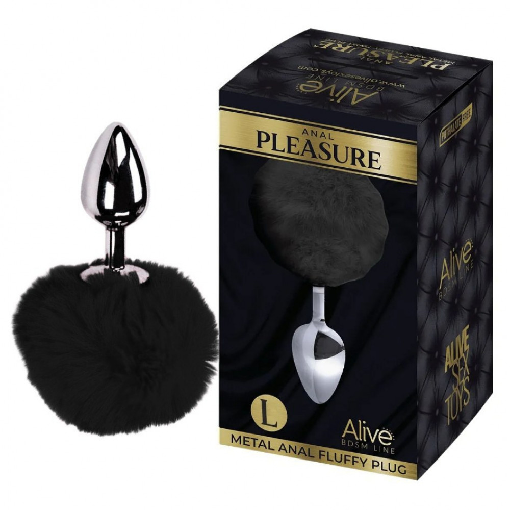 Анальные игрушки без вибрации - Анальная пробка Alive Anal Pleasure L с черным мехом, серебристая, 9 х 4 см