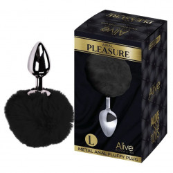 Анальная пробка Alive Anal Pleasure L с черным мехом, серебристая, 9 х 4 см