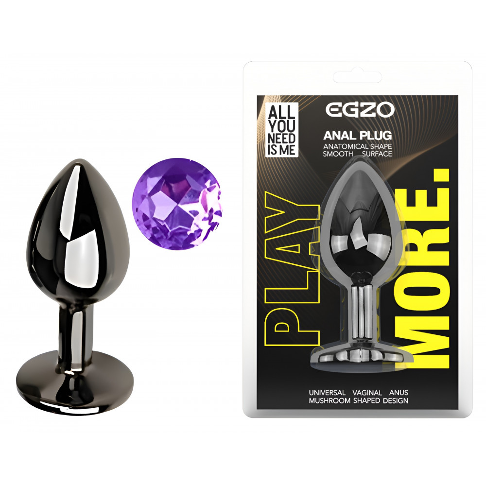 Анальные игрушки без вибрации - Анальная пробка с кристаллом EGZO - Dark Gray Round Plug Purple, size S