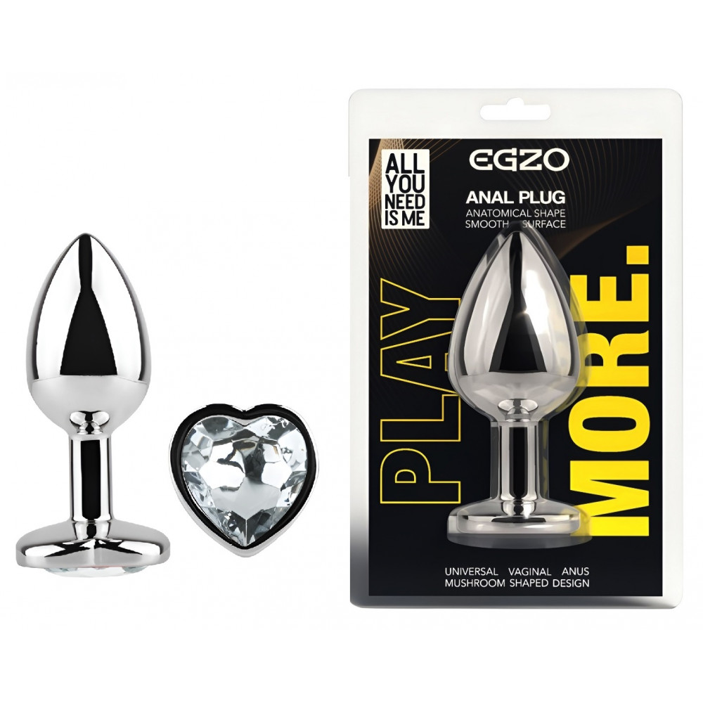 Анальные игрушки без вибрации - Анальная пробка с кристаллом EGZO - Silver Heart Plug Clear size S