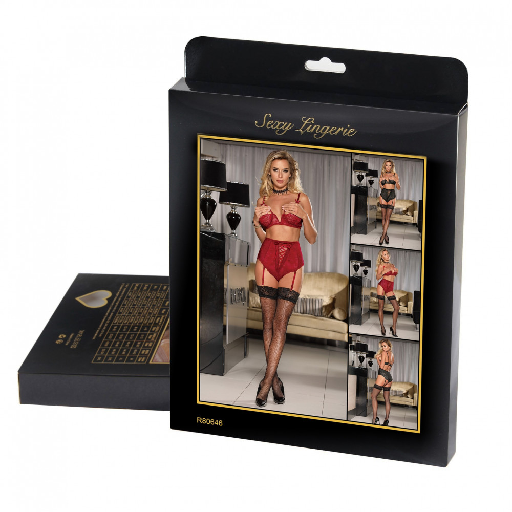 Різне - Чорний мереживний бюстьє з відкритими грудьми Star Night і трусики з підв'язками для панчіх, M 3