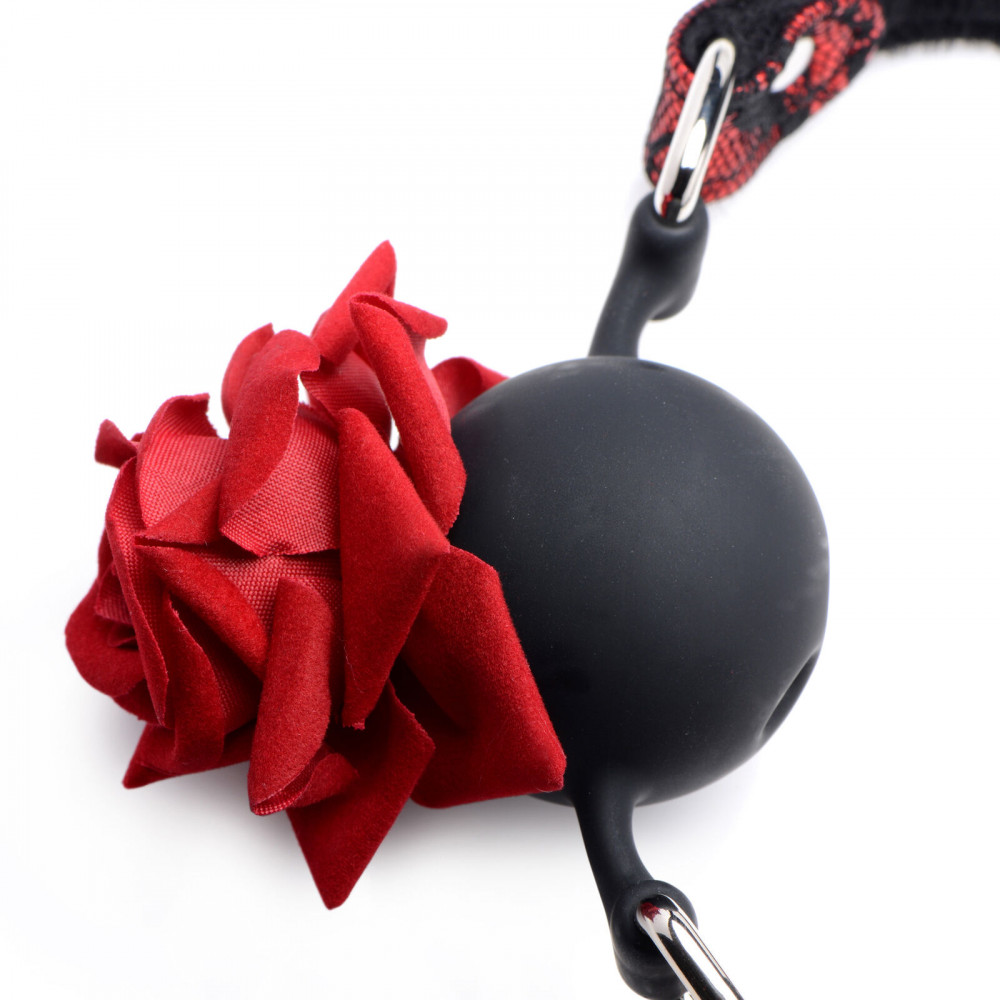 Кляп - Кляп силиконовый с розой Master Series, черный, красный 4