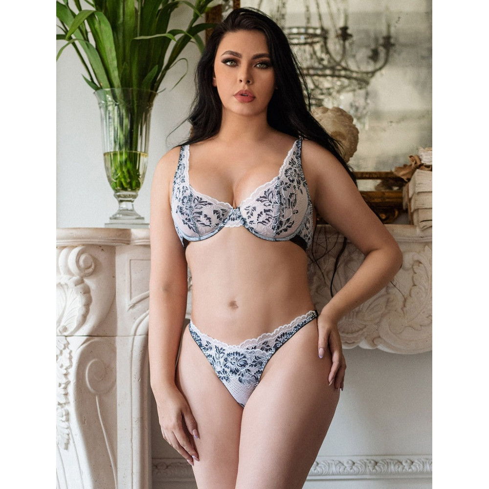 Різне - Комплект білизни мереживної Star Night з квітковим принтом, чорно-білий, 3XL-4XL 1