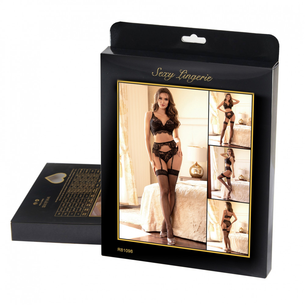 Різне - Мереживний комплект, ліф та трусики з поясом Star Night, чорний, XS-S 8