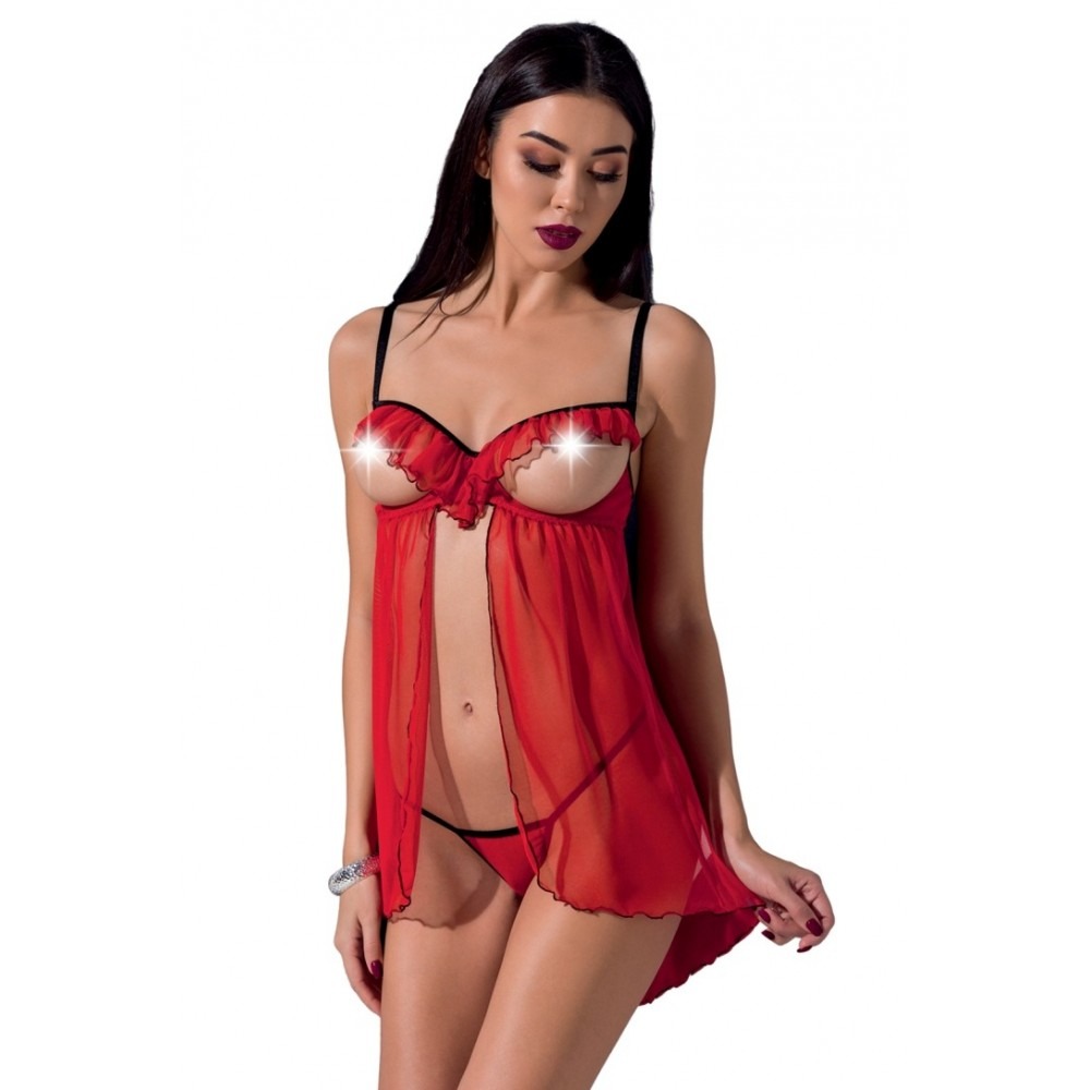 Эротическое белье - Пеньюар с открытой грудью CHERRY CHEMISE red S/M - Passion