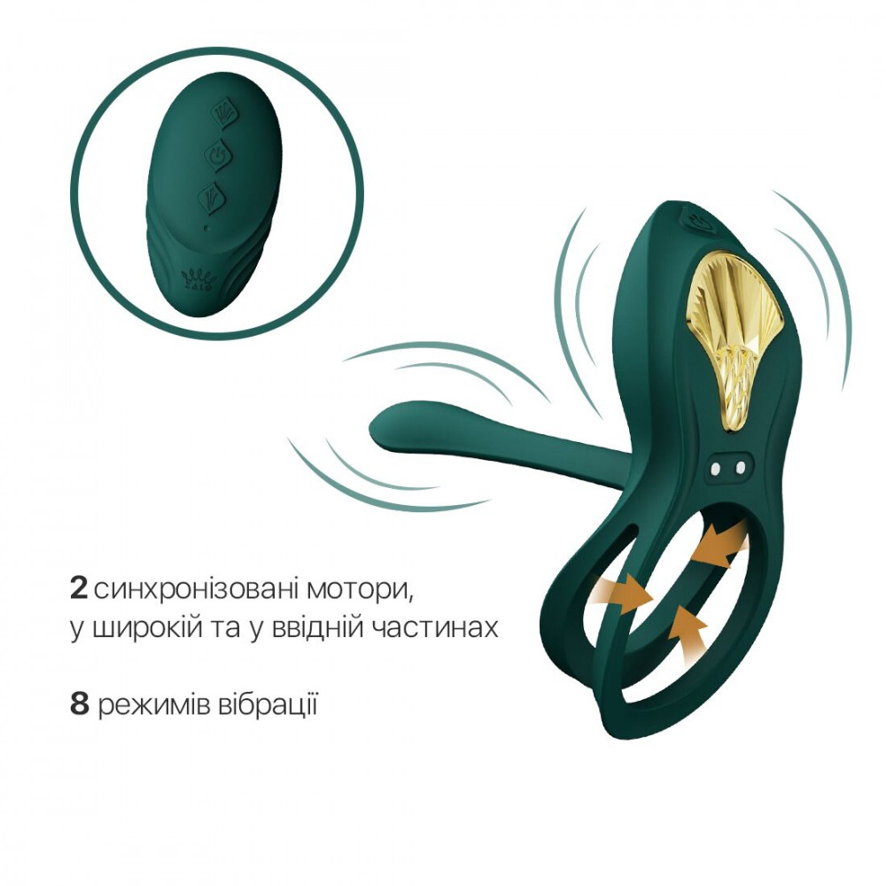 Эрекционные кольца с вибрацией - Смарт-эрекционное кольцо Zalo - BAYEK Turquoise Green, двойное с вводимой частью, пульт ДУ 5