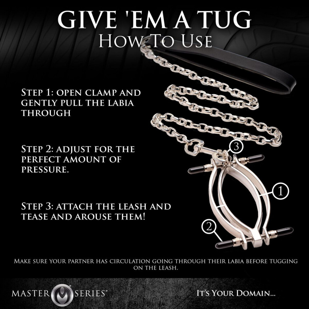Наручники, веревки, бондажы, поножи - Зажим для половых губ с поводком Master Series Pussy Tugger Adjustable Vagina Clamp with Chain 4