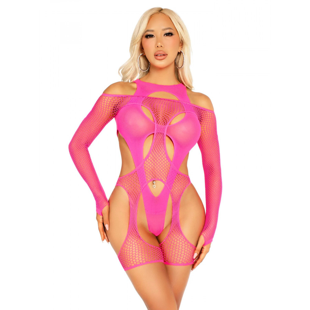 Бодистокинг - Бодистокинг Leg Avenue Fishnet Garter Harness and Teddy One Size Neon Pink