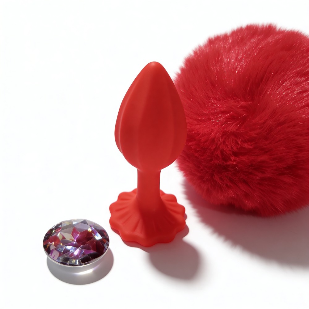 Анальные игрушки без вибрации - Анальная пробка рельефная ALUME, S, красная с красным пушком и сменным прозрачным камнем, 7 х 2,8 см 3