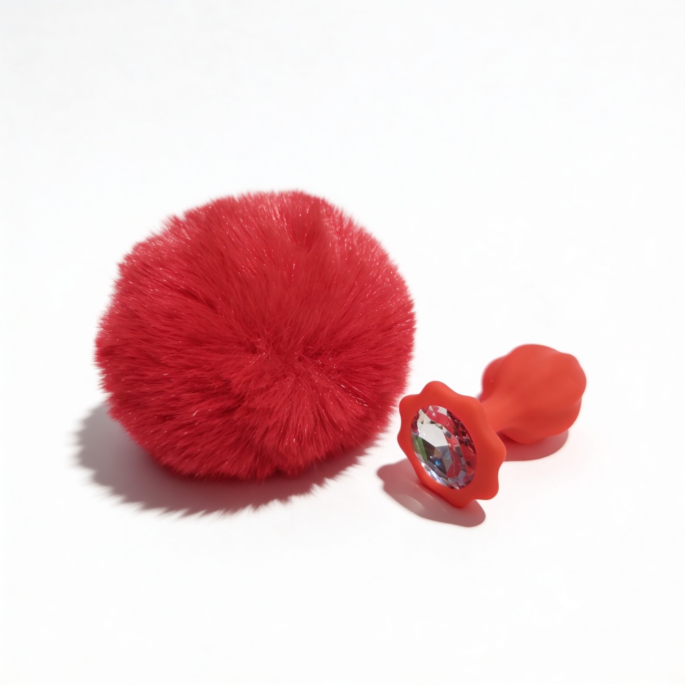 Анальные игрушки без вибрации - Анальная пробка рельефная ALUME, S, красная с красным пушком и сменным прозрачным камнем, 7 х 2,8 см 7