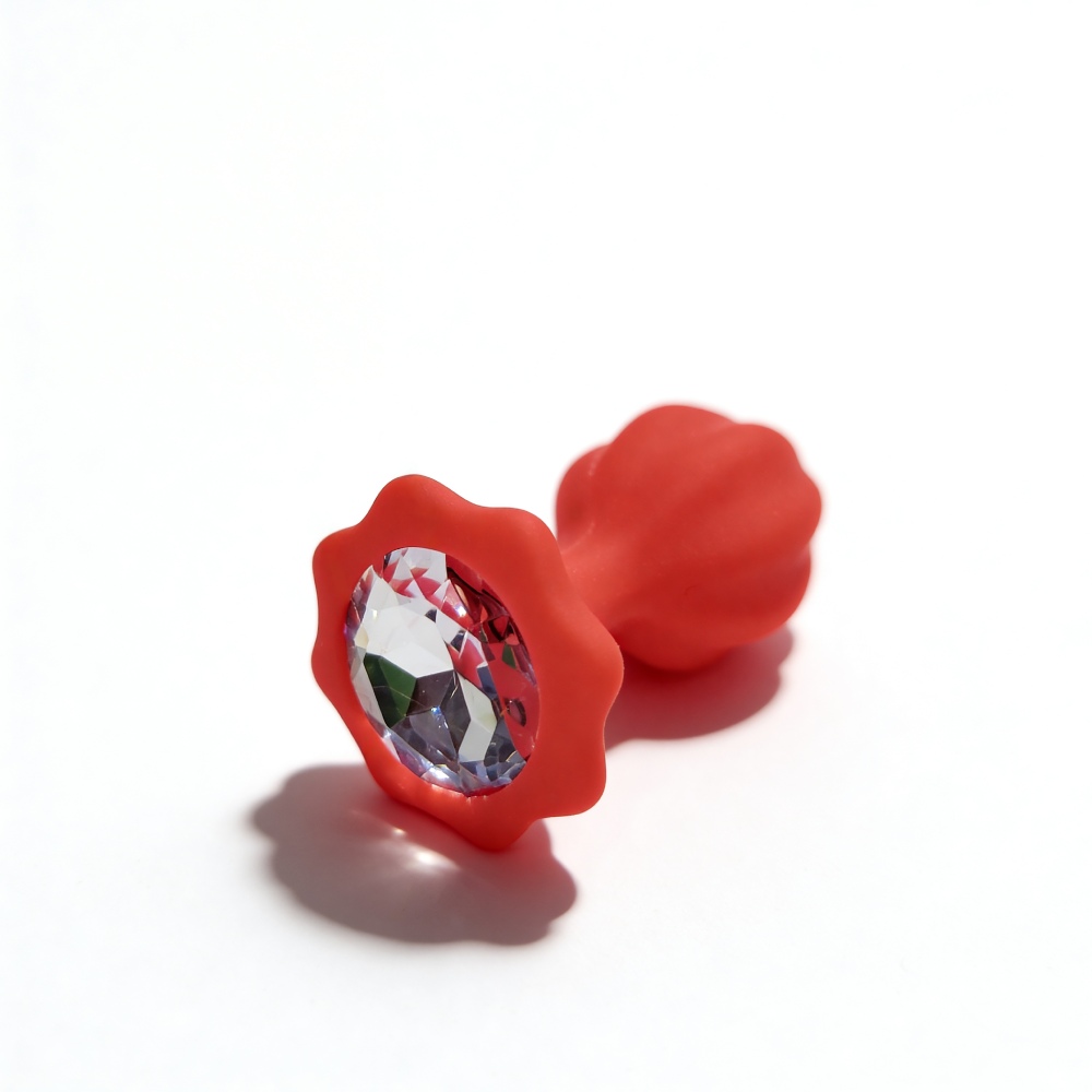 Анальные игрушки без вибрации - Анальная пробка рельефная ALUME, S, красная с красным пушком и сменным прозрачным камнем, 7 х 2,8 см 6