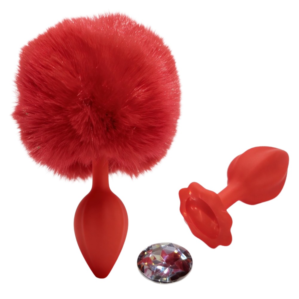 Анальные игрушки без вибрации - Анальная пробка рельефная ALUME, S, красная с красным пушком и сменным прозрачным камнем, 7 х 2,8 см