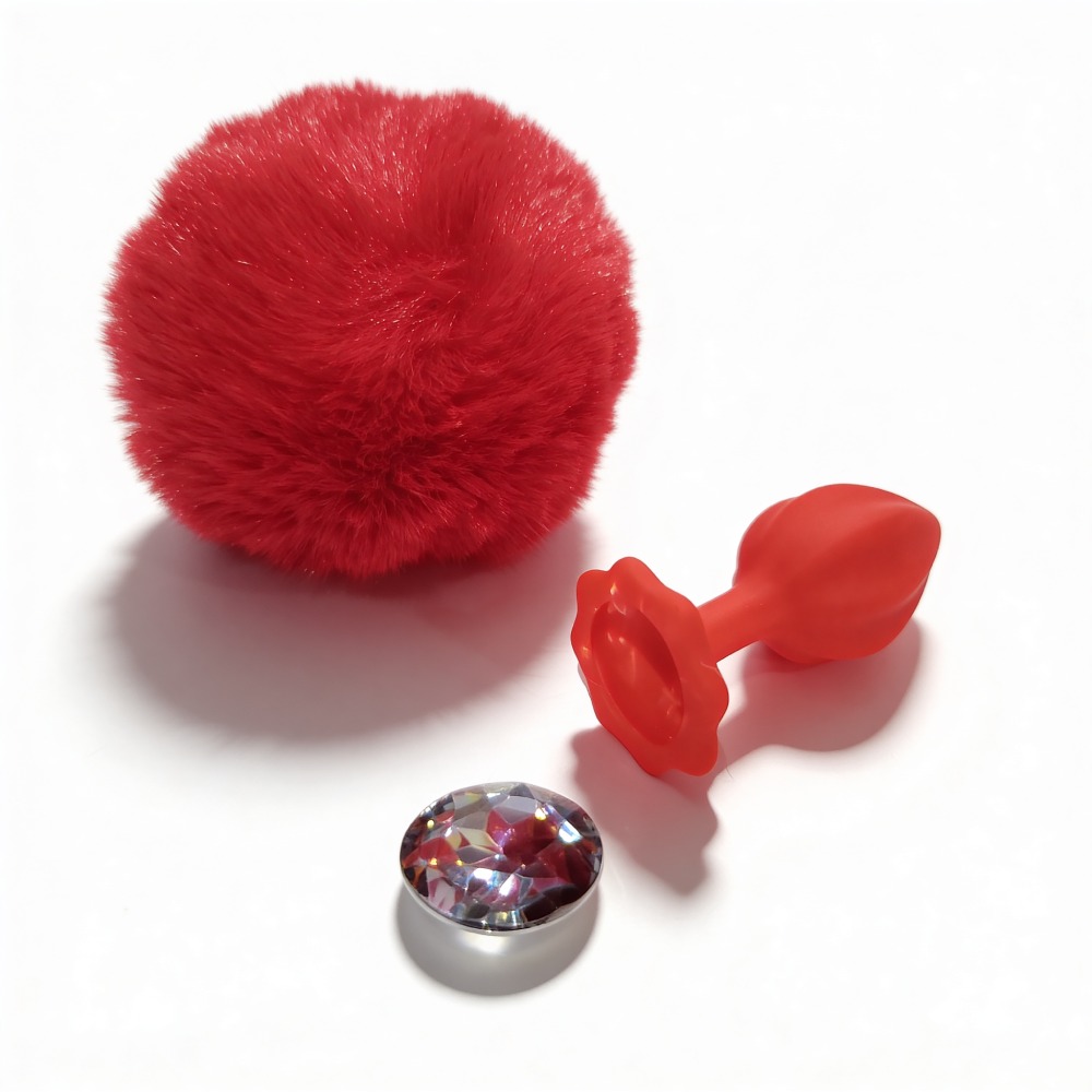Анальные игрушки без вибрации - Анальная пробка рельефная ALUME, S, красная с красным пушком и сменным прозрачным камнем, 7 х 2,8 см 2