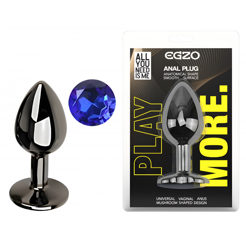 Анальные игрушки без вибрации - Анальная пробка с кристаллом EGZO - Dark Gray Round Plug Blue, size S