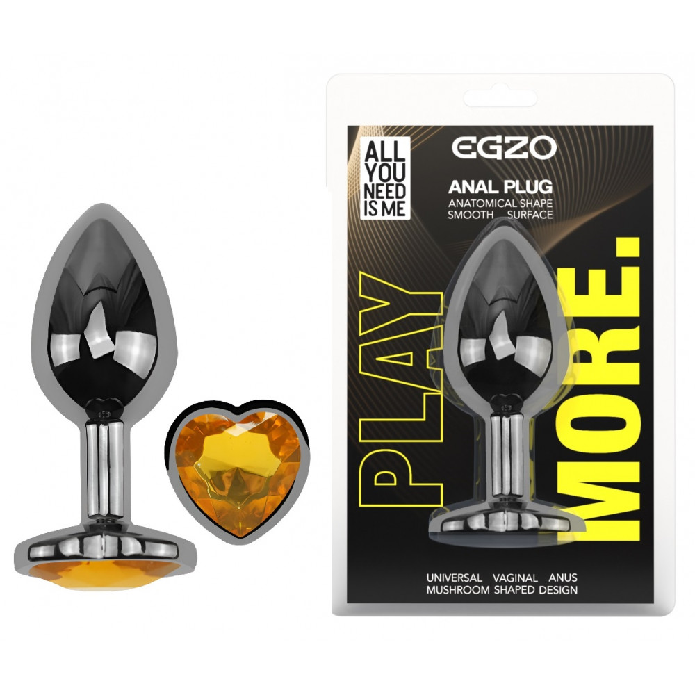 Анальные игрушки без вибрации - Анальная пробка с кристаллом EGZO - Dark Silver Heart Plug Yellow size S