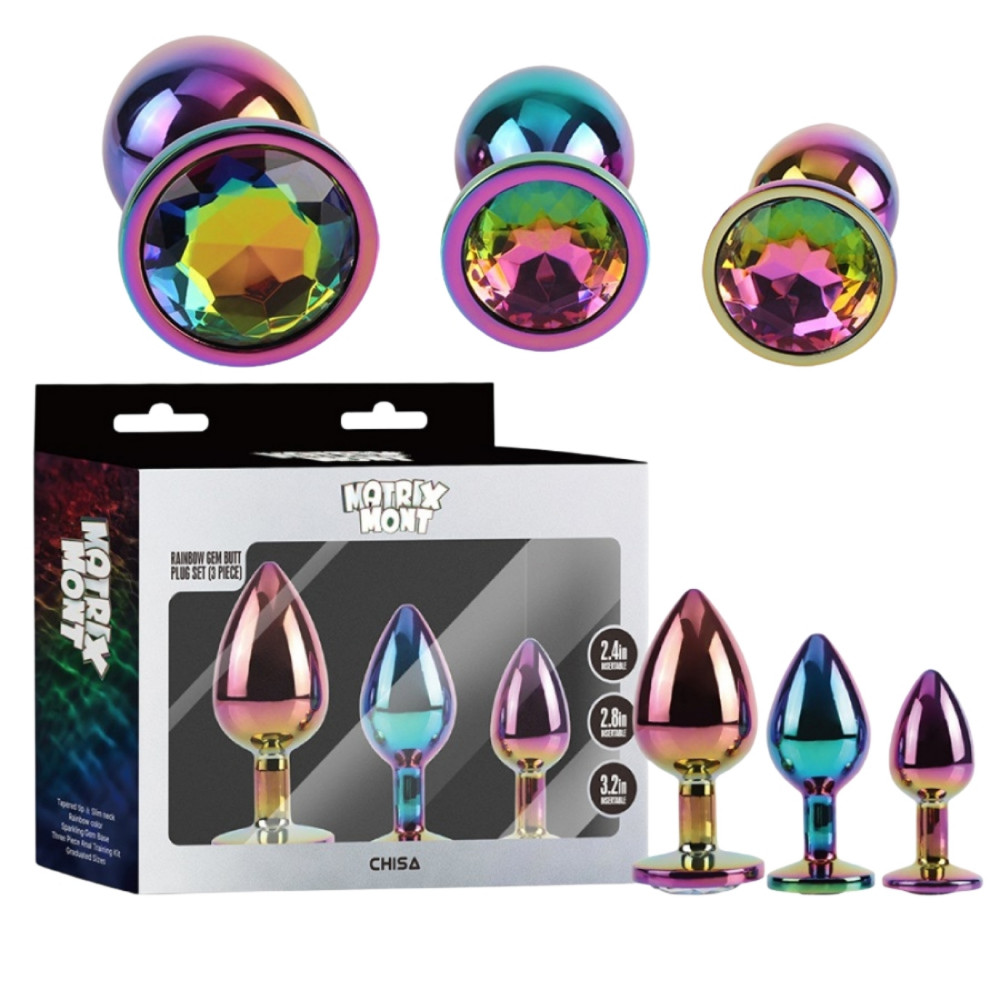 Анальные игрушки без вибрации - Набор анальных пробок разноцветные CHISA MATRIX MONT с разноцветным камнем, 3 шт