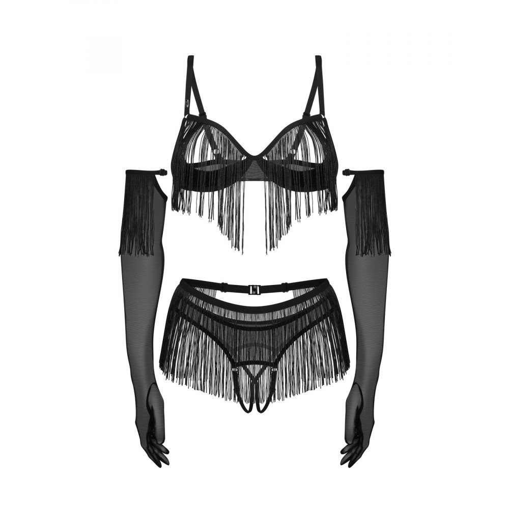 Еротичні комплекти - Комплект Obsessive Rossay Black 4-pcs crotchless set 2XL/3XL 4