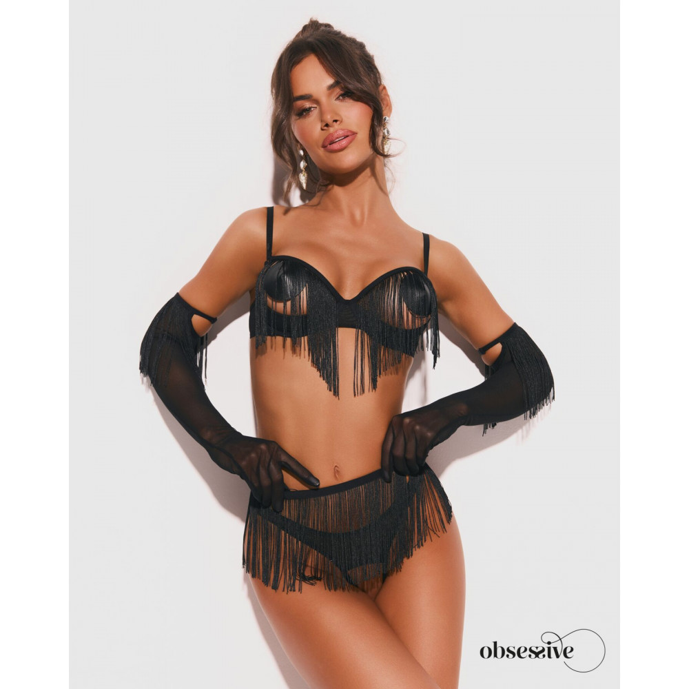 Еротичні комплекти - Комплект Obsessive Rossay Black 4-pcs crotchless set 2XL/3XL 2