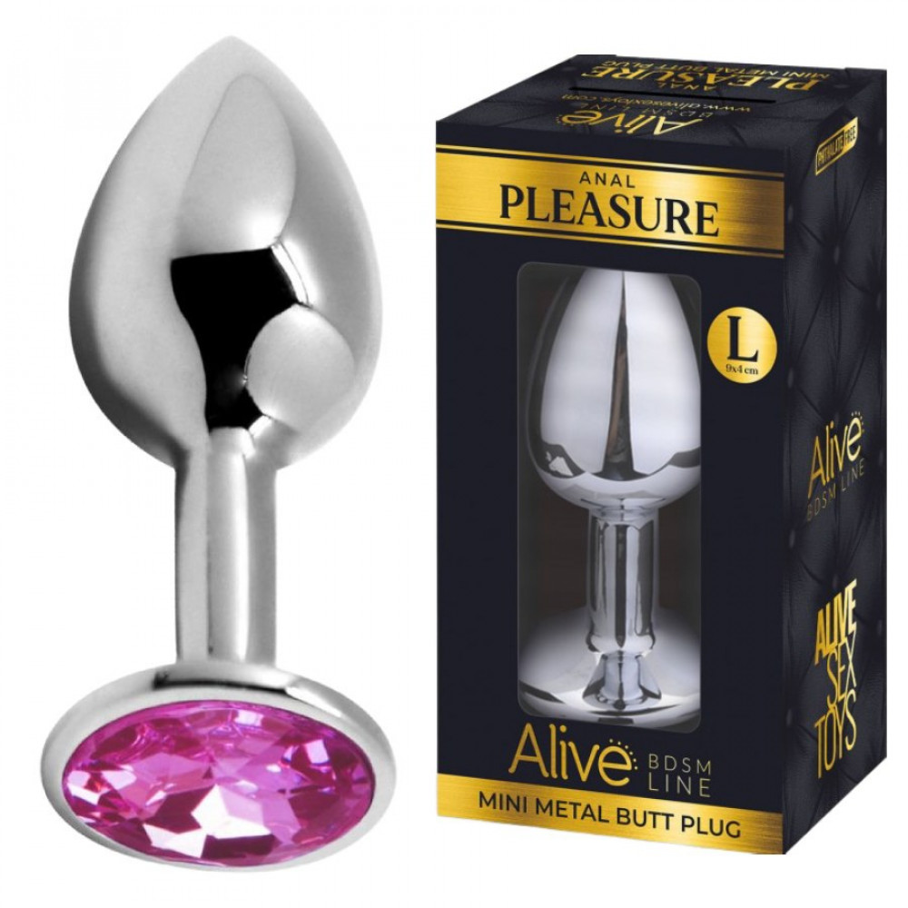 Анальные игрушки без вибрации - Анальная пробка Alive Anal Pleasure, L, с розовым камнем, серебристая, 9 х 4 см