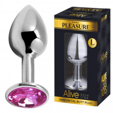 Анальная пробка Alive Anal Pleasure, L, с розовым камнем, серебристая, 9 х 4 см