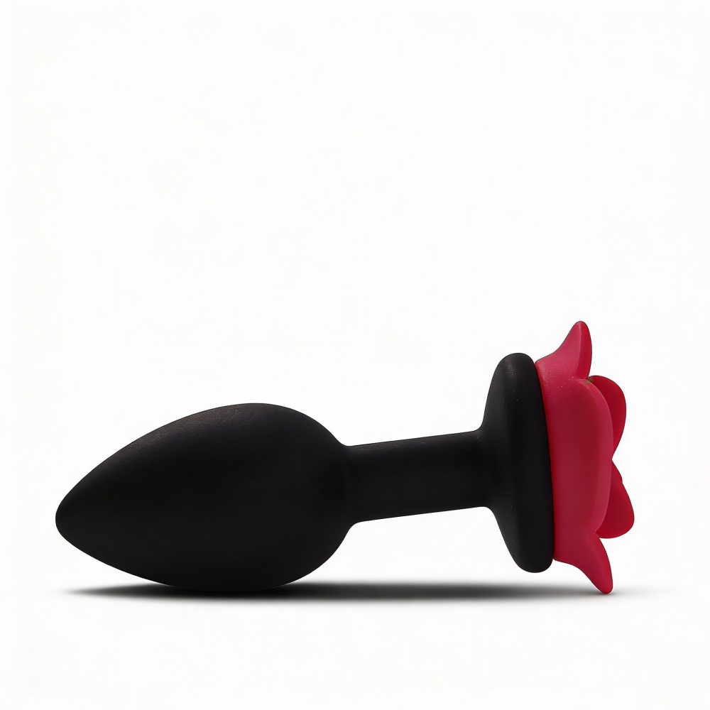 Анальные игрушки без вибрации - Анальная пробка ALUME, S, силиконовая черная с красной розой, 8 х 2,8 см 7