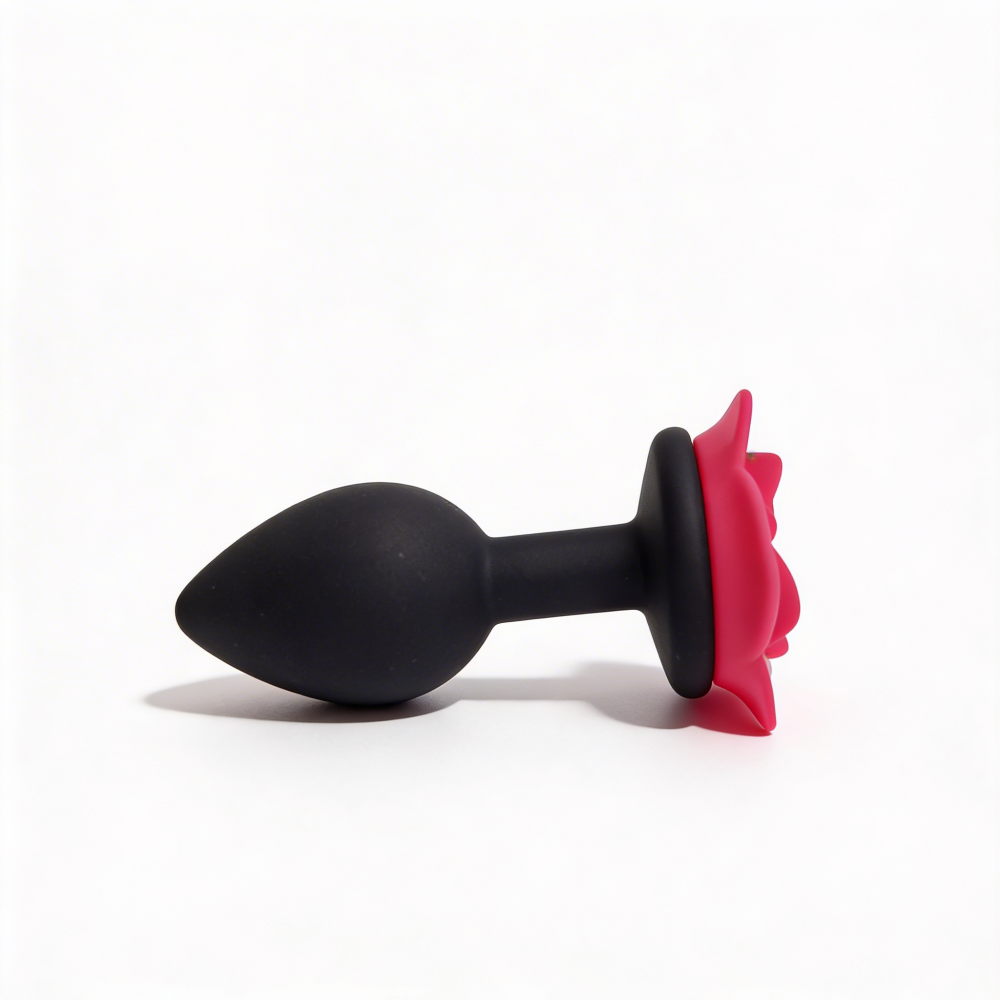 Анальные игрушки без вибрации - Анальная пробка ALUME, S, силиконовая черная с красной розой, 8 х 2,8 см 8