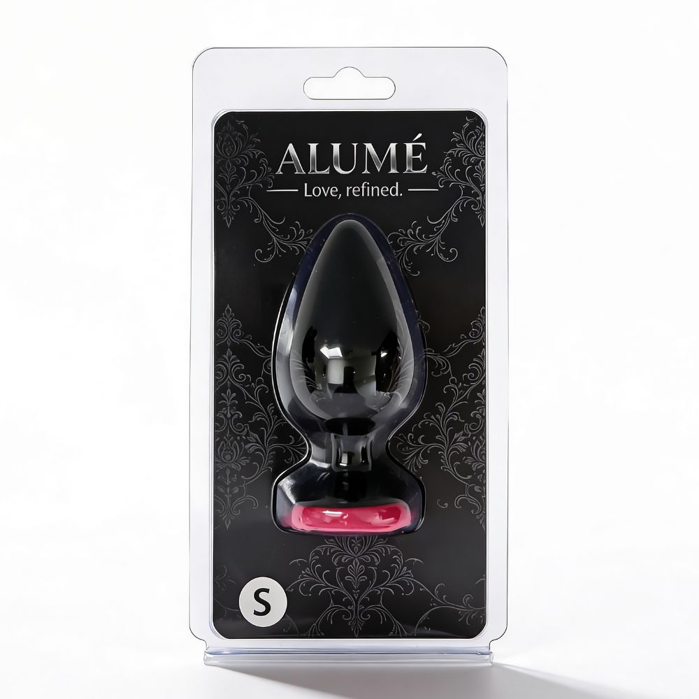 Анальные игрушки без вибрации - Анальная пробка ALUME, S, силиконовая черная с красной розой, 8 х 2,8 см 1