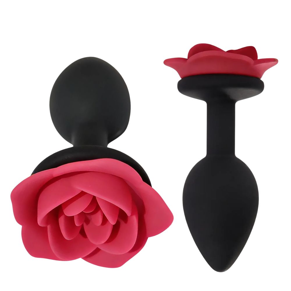 Анальные игрушки без вибрации - Анальная пробка ALUME, S, силиконовая черная с красной розой, 8 х 2,8 см